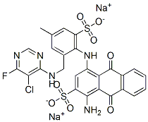 disodium 1-amino-4-(2-(5-chloro-6-fluoro-pyrimidin-4-ylamino-methyl)-4-methyl-6-sulfo-phenylamino)-9,10-dioxo-9,10-dihydro-anthracene-2-sulfonate分子式结构图