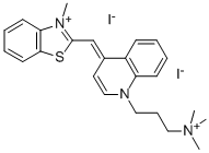 3-METHYL-2-([1-[3-(TRIMETHYLAMMONIO)PROPYL]-4(1H)-QUINOLINYLIDENE]METHYL)-1,3-BENZOTHIAZOL-3-IUM DIIODIDE分子式结构图