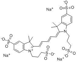 2-[5-[1,3-二氢-3,3-二甲基-5-磺酸基-1-(3-磺酸基丙基)-2H-吲哚-2-亚基]-1,3-戊二烯基]-3,3-二甲基-5-磺酸基-1-(3-磺酸基丙基)-3H-吲哚内盐三钠盐分子式结构图