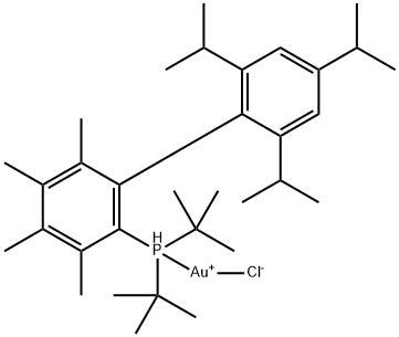 双(1,1-二甲基乙基)[3,4,5,6-四甲基-2′,4′,6′-三(1-甲基乙基)[1,1′-联苯基]-2-基]膦]氯金分子式结构图