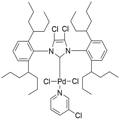 (SP-4-1)-[1,3-双[2,6-双(1-丙基丁基)苯基]-4,5-二氯-1,3-二氢-2H-咪唑-2-基亚基]二氯(3-氯吡啶-ΚN)钯分子式结构图