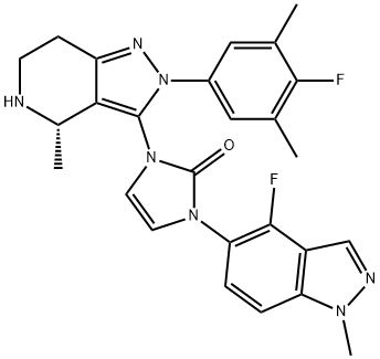 2H-IMIDAZOL-2-ONE, 1-[(4S)-2-(4-FLUORO-3,5-DIMETHYLPHENYL)-4,5,6,7-TETRAHYDRO-4-METHYL-2H-PYRAZOLO[4,3-C]PYRIDIN-3-YL]-3-(4-FLUORO-1-METHYL-1H-INDAZOL-5-YL)-1,3分子式结构图