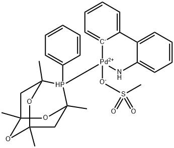 [(1,3,5,7-Tetramethyl-6-phenyl-2,4,6-trioxa-6-phosphaadamantane)-2-(2′-amino-1,1′-biphenyl)]palladium(II) methanesulfonate分子式结构图