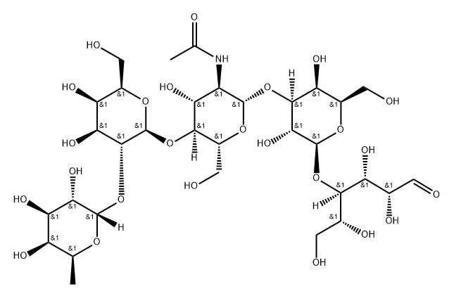 O-6-脱氧-ALPHA-L-吡喃半乳糖基-(1-2)-O-BETA-D-吡喃半乳糖基-(1-4)-O-2-(乙酰氨基)-2-脱氧-BETA-D-吡喃葡萄糖基-(1-3)-O-BETA-D-吡喃半乳糖基-(1-4)-D-葡萄糖分子式结构图