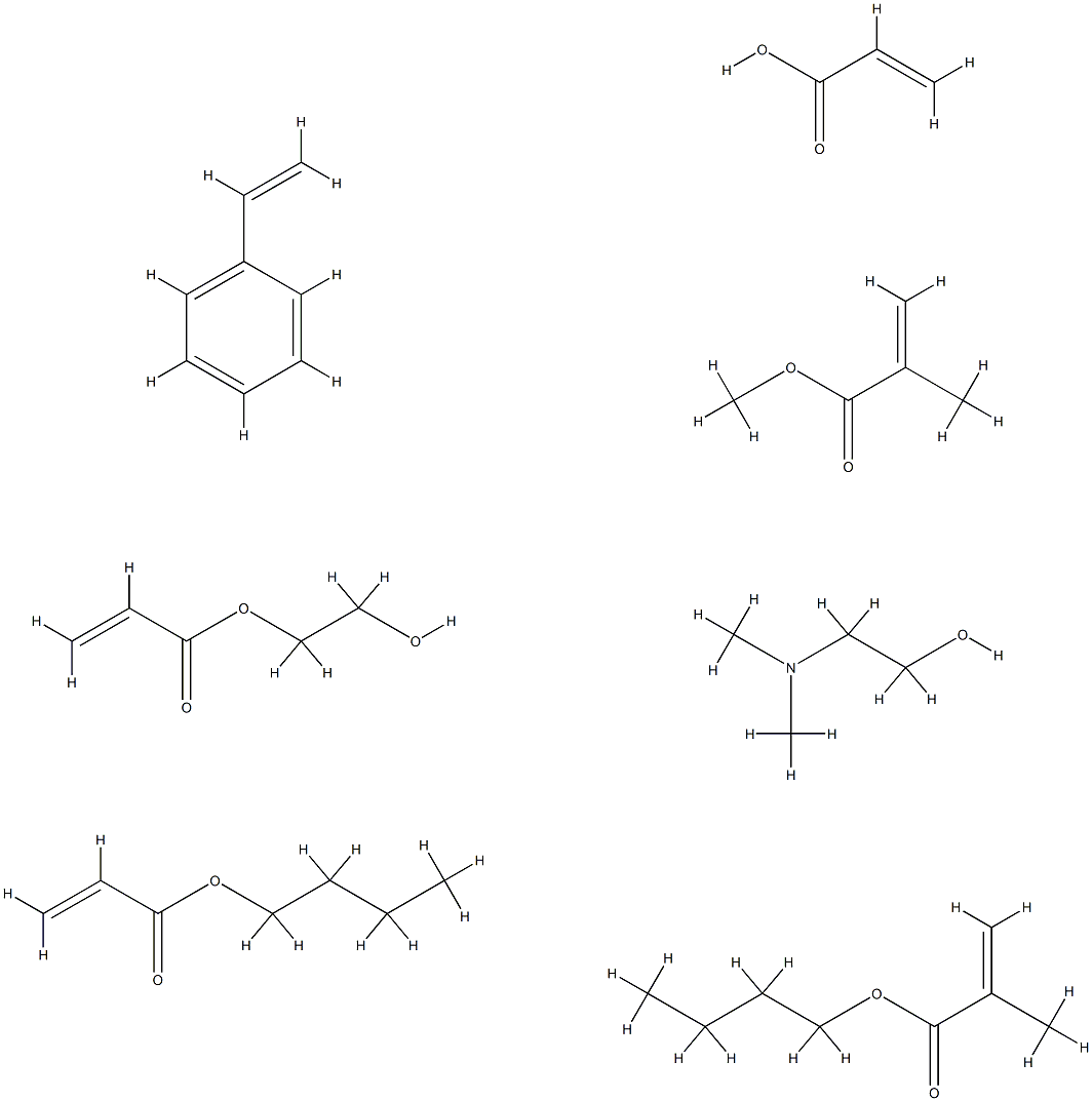 2-甲基-2-丙烯酸丁酯与2-丙烯酸丁酯、苯乙烯、2-丙烯酸(2-羟乙)酯、2-甲基-2-丙烯酸甲酯和2-丙烯酸的聚合物与2-(二甲氨基)乙醇的化合物分子式结构图