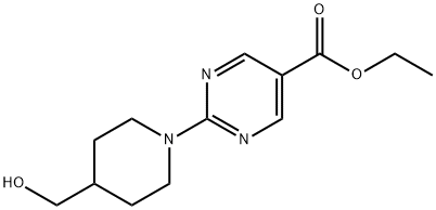 2-(4-羟甲基哌啶-1-基)嘧啶-5-甲酸乙酯分子式结构图