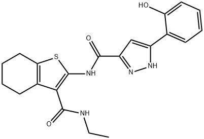 N-[3-(ethylcarbamoyl)-4,5,6,7-tetrahydro-1-benzothiophen-2-yl]-5-(2-hydroxyphenyl)-1H-pyrazole-3-carboxamide分子式结构图