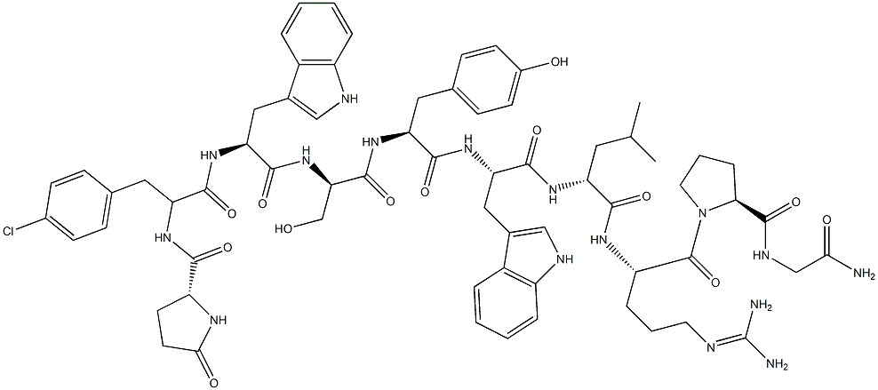 LHRH, pGlu(1)-4-Cl-Phe(2)-Trp(3,6)-分子式结构图