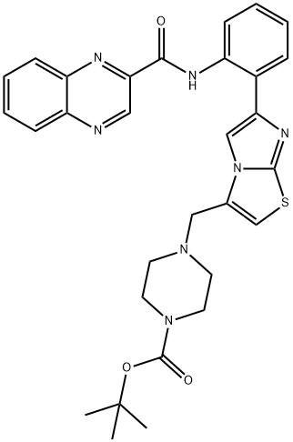 1-BOC-4-[[6-[2-[(2-喹喔啉甲酰基)胺基]苯基]咪唑[2,1-B]噻唑-3-基]甲基]哌嗪分子式结构图