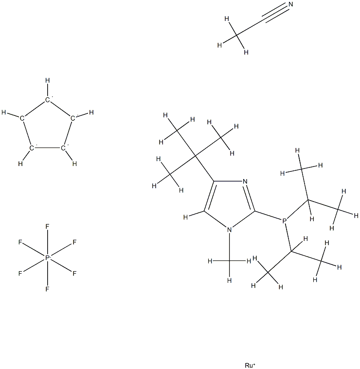 乙腈(环戊二烯基)[2(-(二-异丙基膦基)-4-(叔丁基)-1-甲基-1H-咪唑]钌(II)六氟磷酸盐分子式结构图