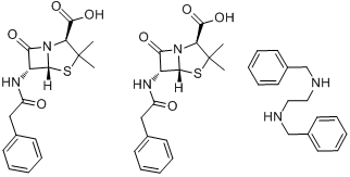 苄星青霉素G;苄青霉素;长效西林;(2S,5R,6R)-3,3-二甲基-6-(2-苯乙酰氨基)-7-氧代-4-硫杂-1-氮杂双环[3.2.0]分子式结构图